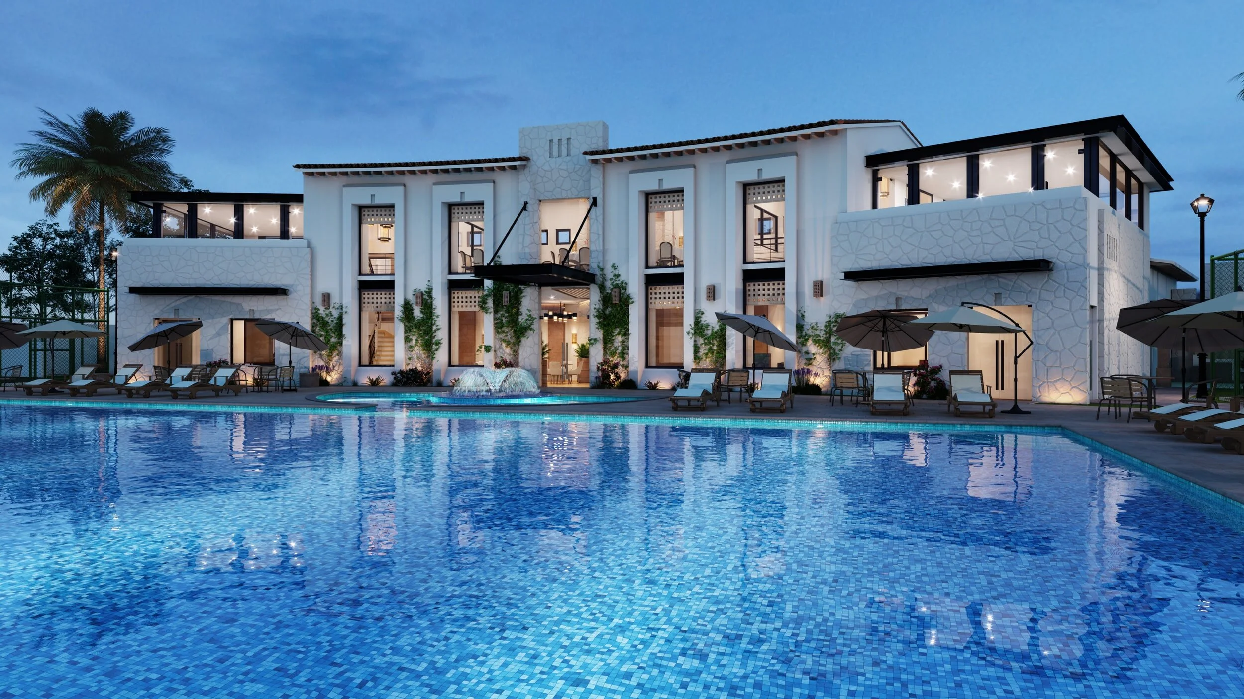 Luxury villa with pool at dusk